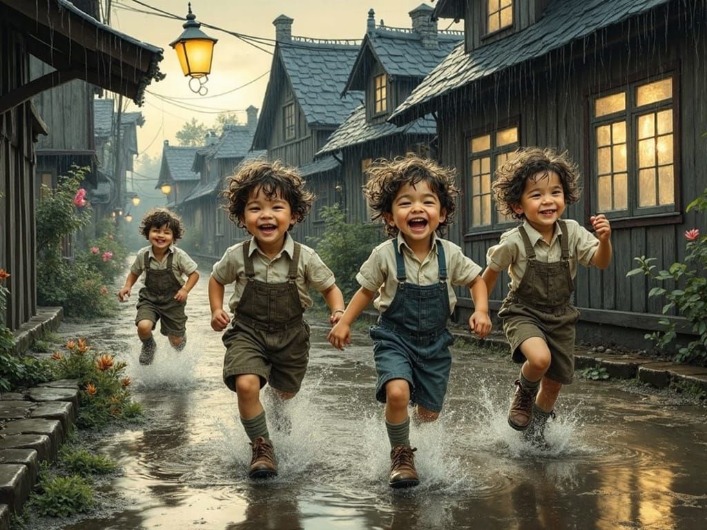 Joyful Rascals Splash in Evening Puddles, Whimsical Watercol...