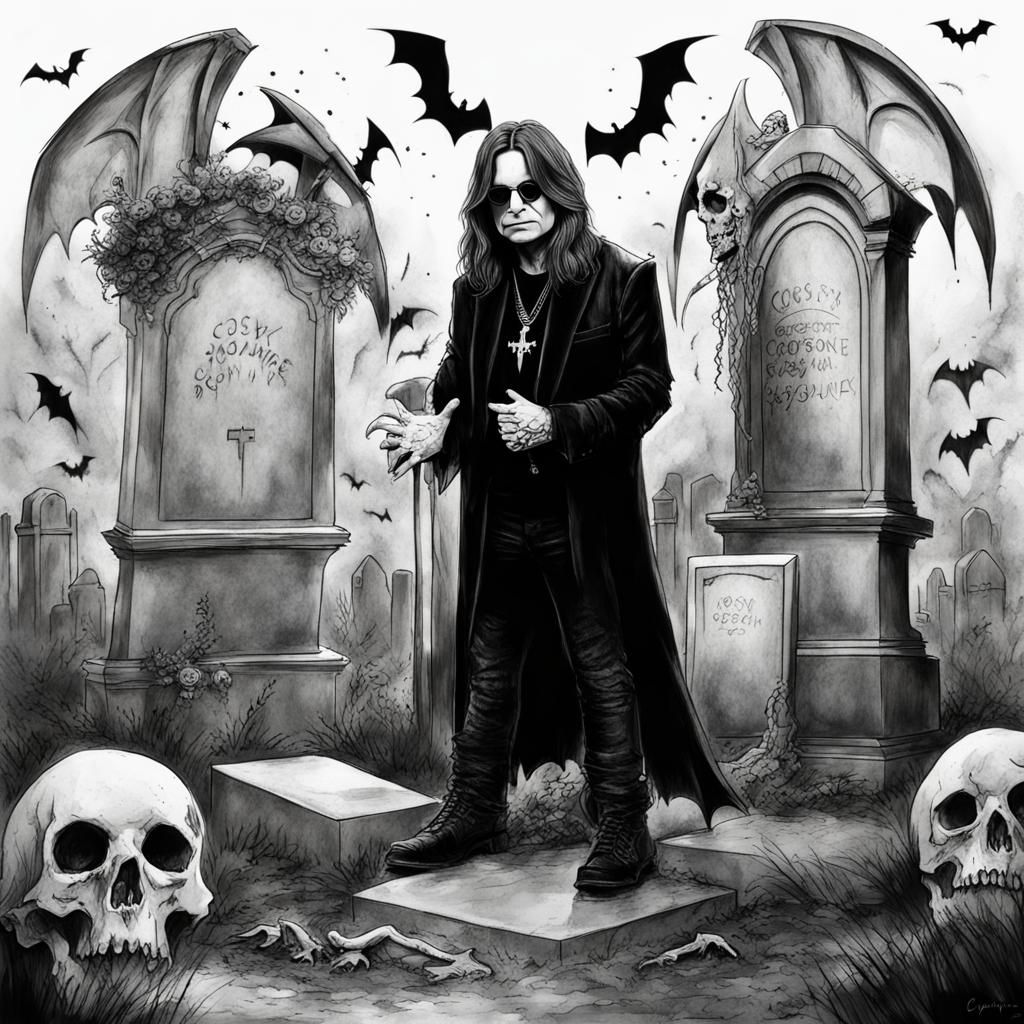 Ozzy Osbourne Graveyard Sketch with Bat