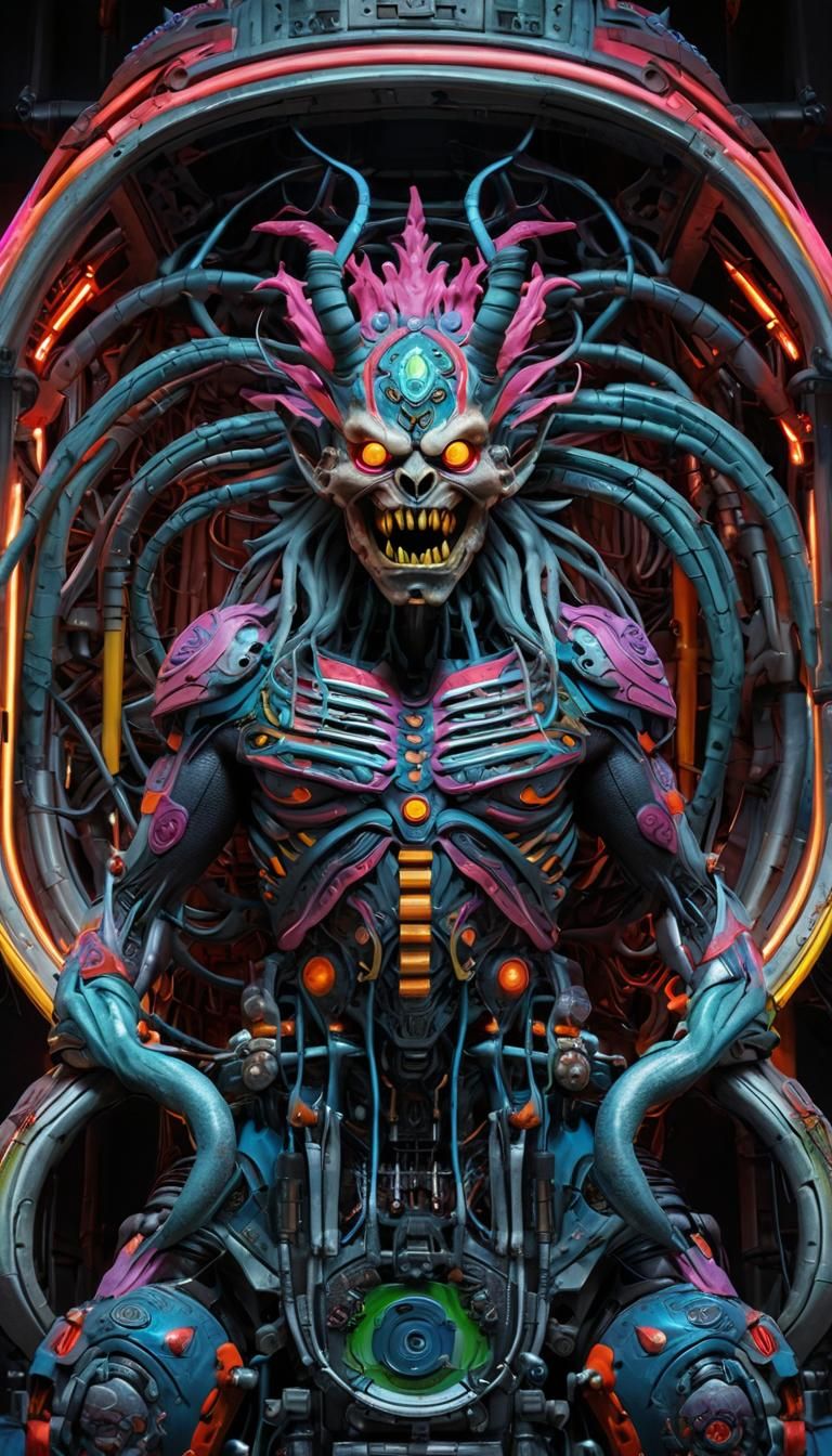 Cyberpunk Demon Ascends in a World of Neon Techno Candy