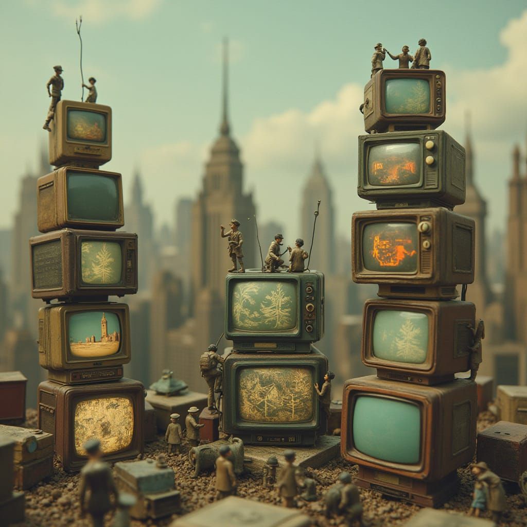 Surreal Cityscape of Vintage Televisions in Magical Realism