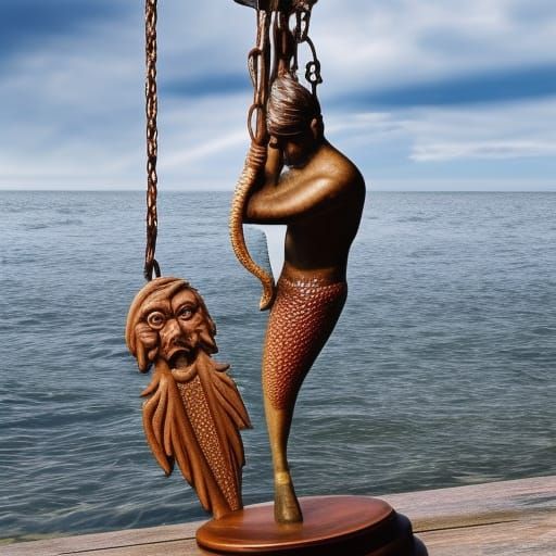 fisherman displaying a mermaid caught and hung upside down o...
