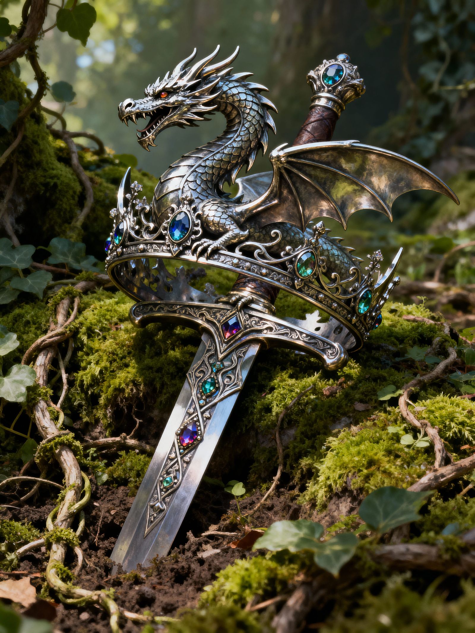 Detailed Dragon Crown on Jeweled Sword