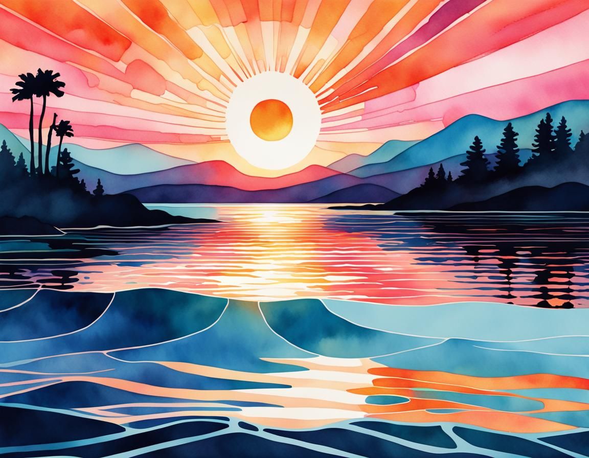 Sunset Over Water in Retro Pop-Art Style
