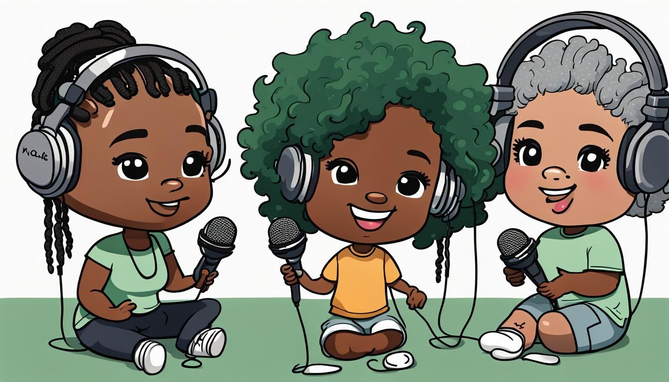 A candid cartoon of three black chibi 1 boy, 1 girl, sitting with a young brown skin, curvy, woman of color,, green & g...