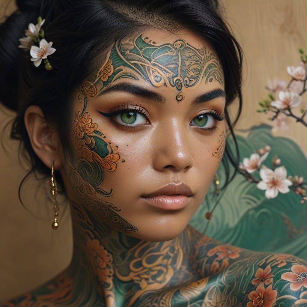 Golden Goddess with Intricate Irezumi Tattoos in Traditional...