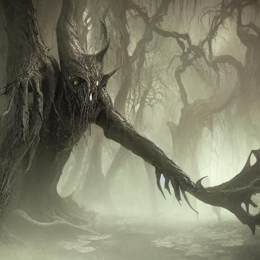 Eerie Creature Peeks from Woods in Lovecraftian Horror