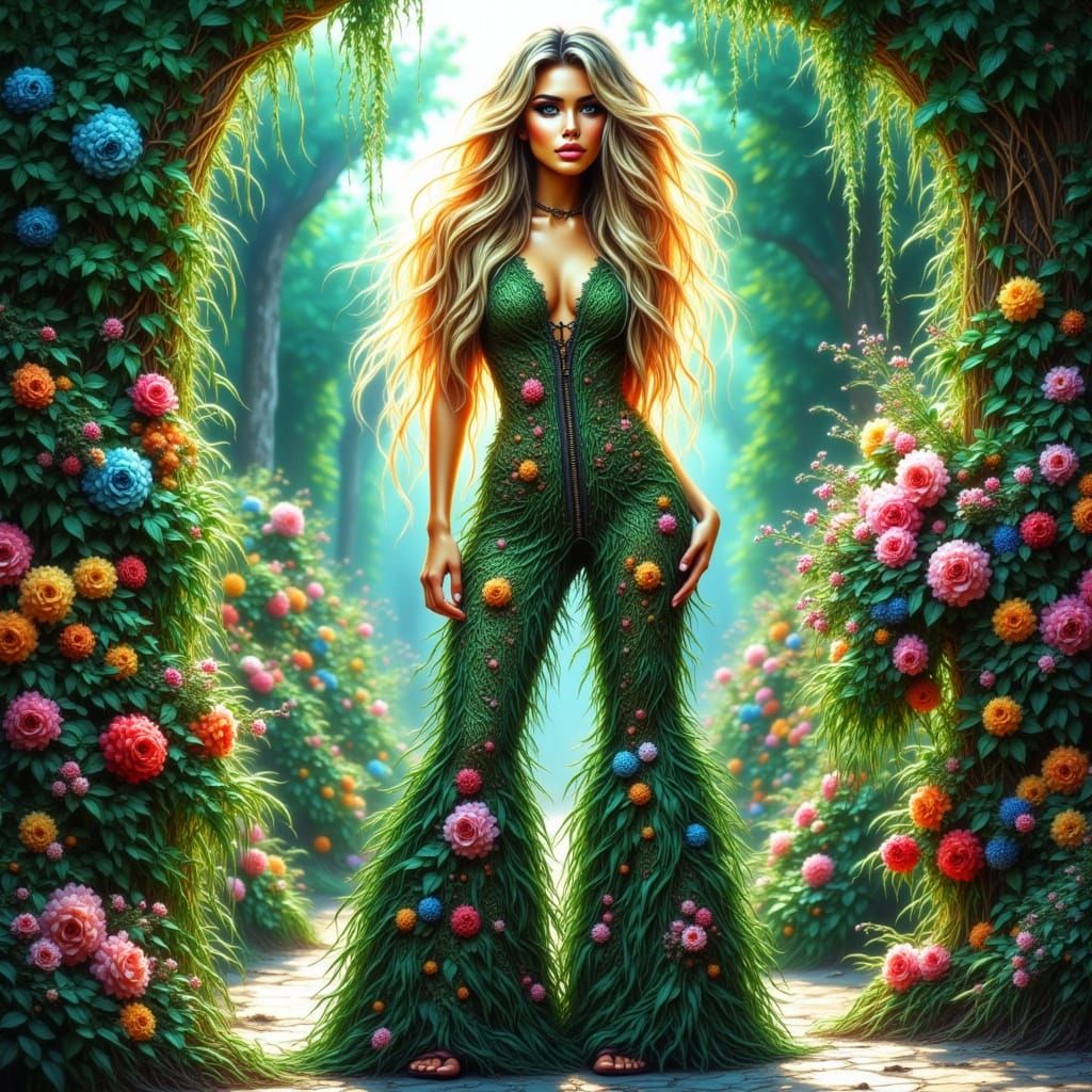 Retro-Futuristic Beauty in Vibrant Floral Jumpsuit