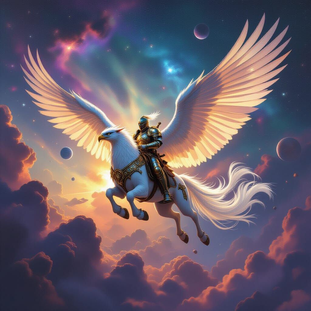 Steampunk Knight Riding Iridescent Griffin in Nebula