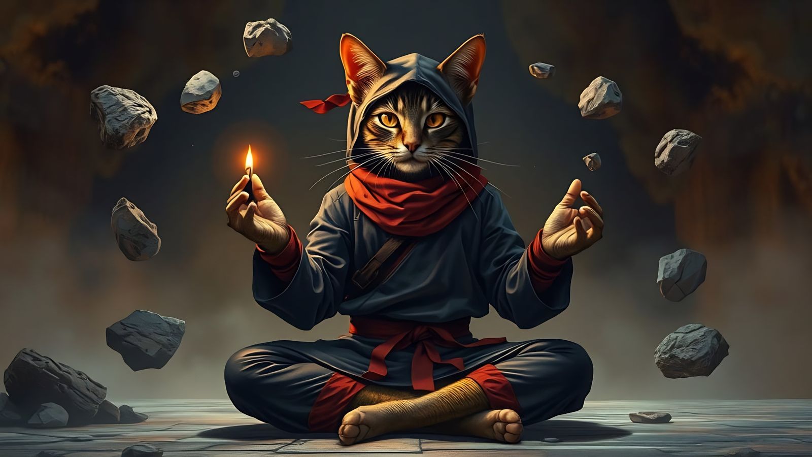 Regal Telekinetic Feline Meditates in Deep Realism