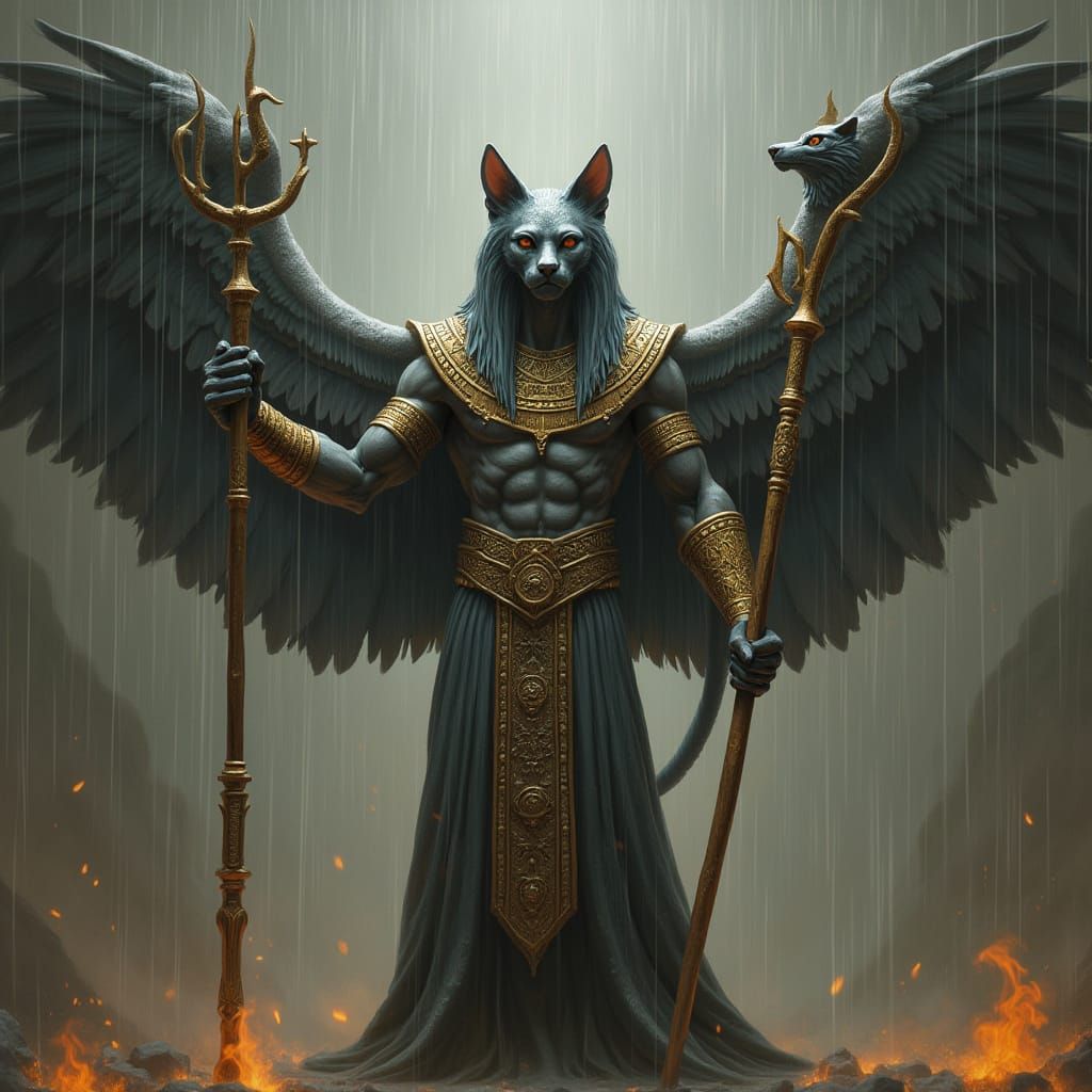 Winged Cat-Headed Egyptian Deity Controls Rain