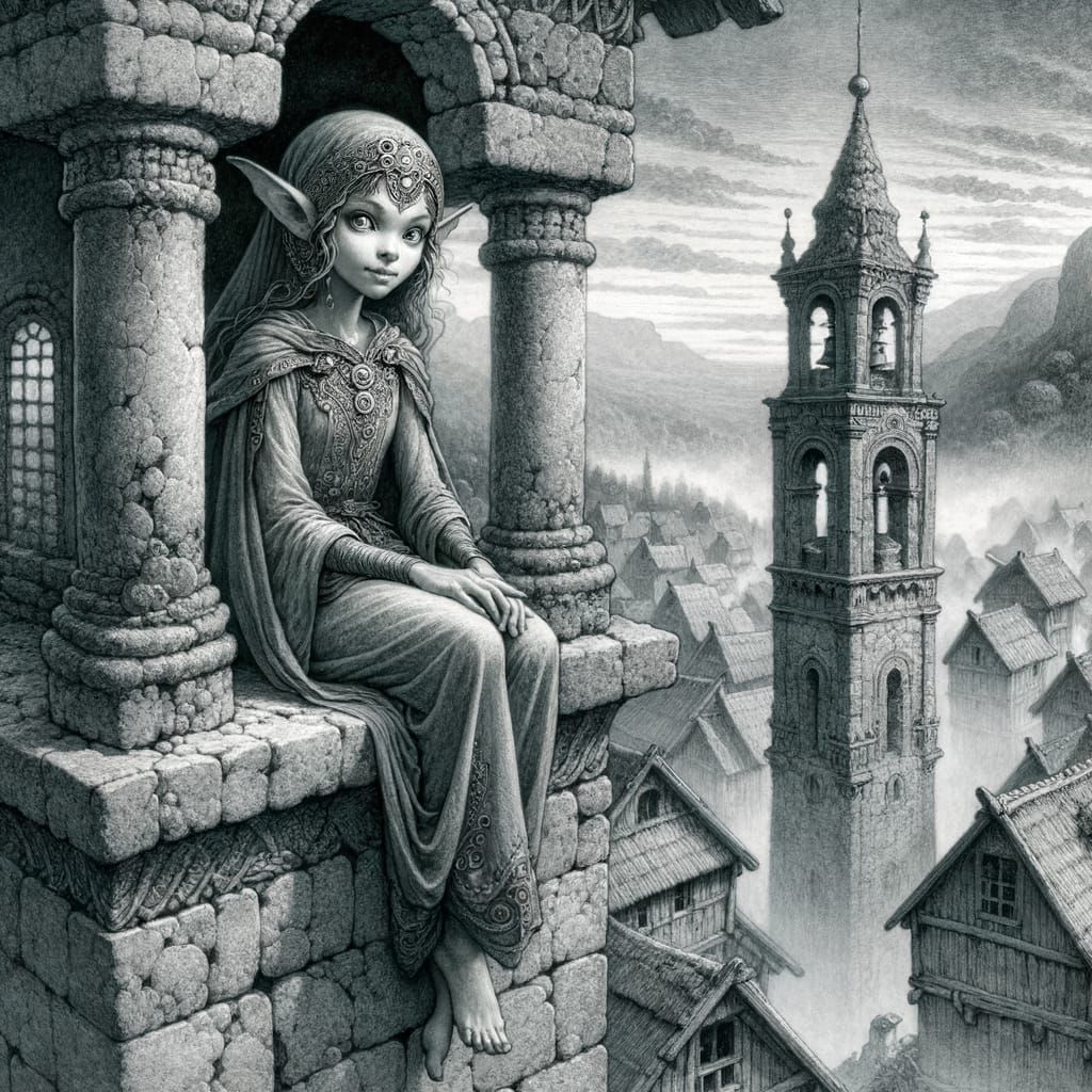 Fairy Overlooking Misty Norse Village in Ancient Bell Tower