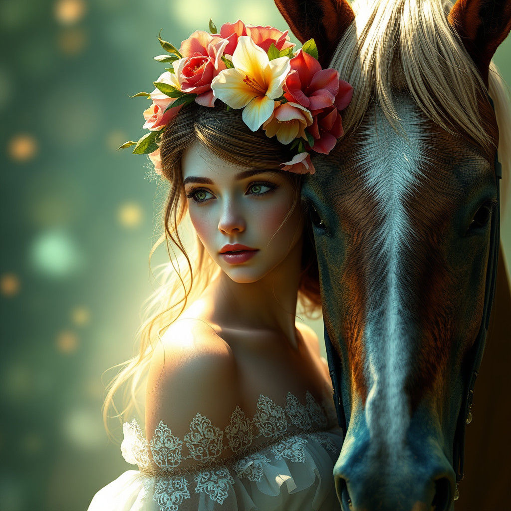 Ethereal Flower Girl with Horse, in Art Nouveau Style