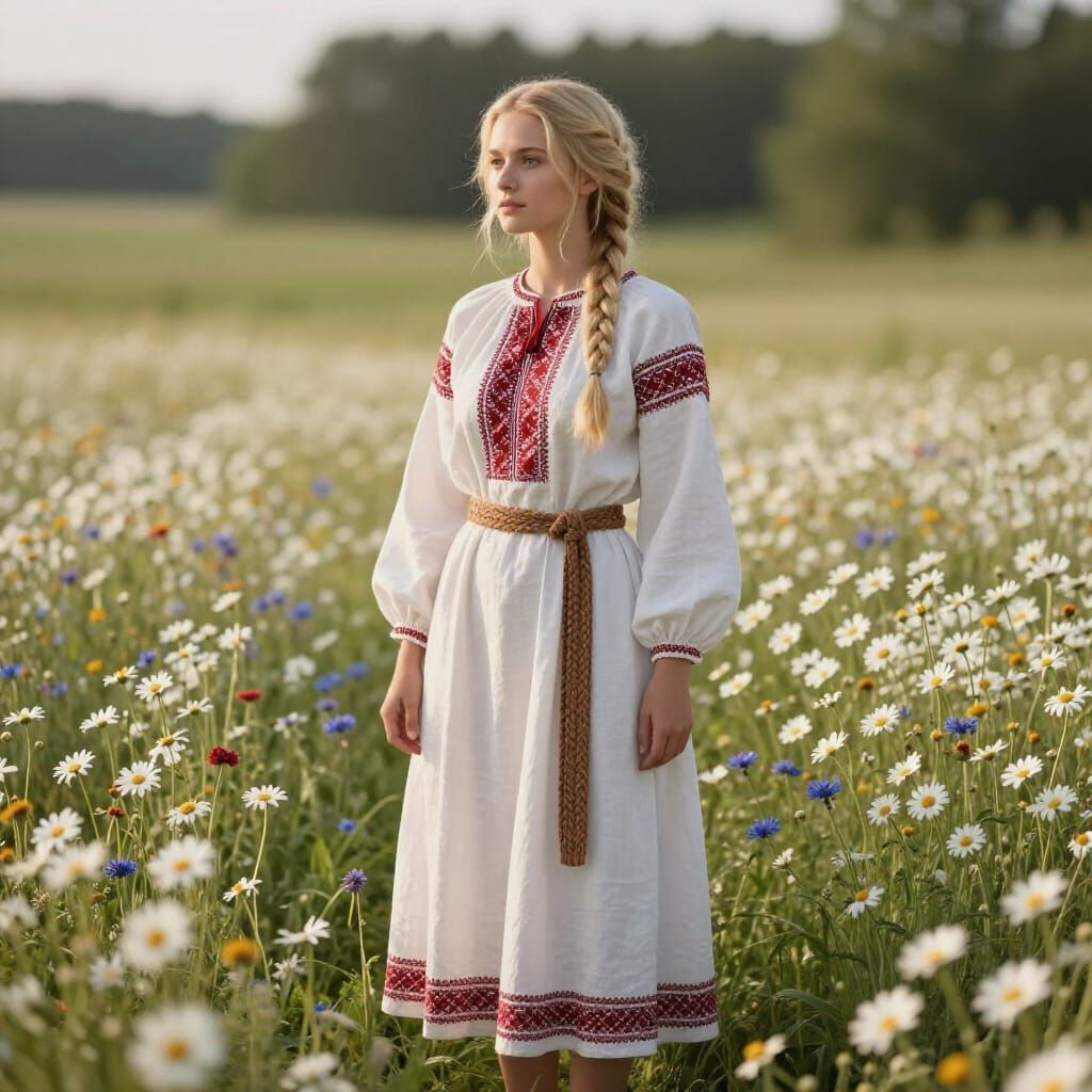 Ethereal Latvian Maiden in Field of Flowers