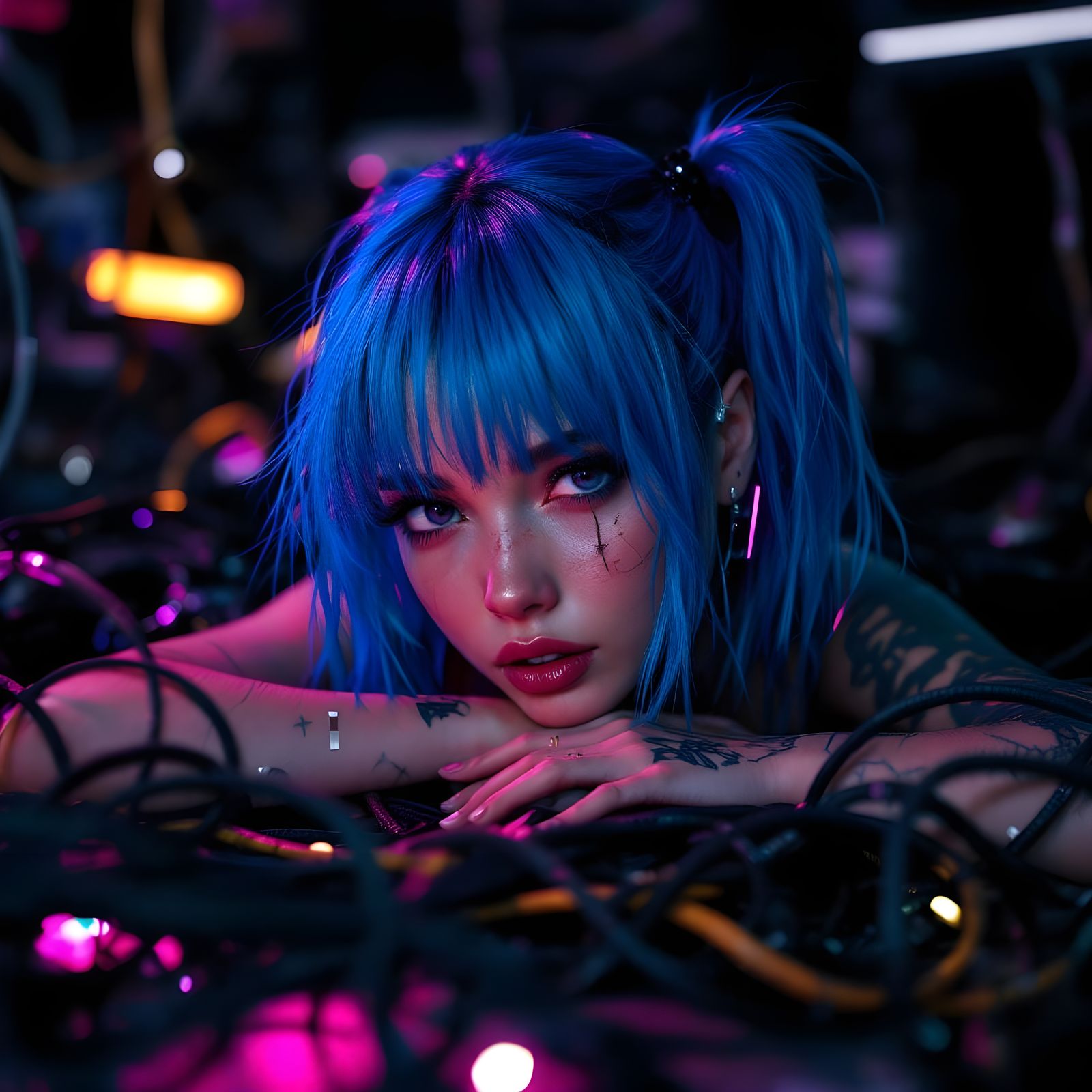 Cyberpunk Girl Emerges from Neon Cables