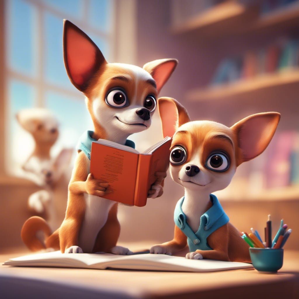 ICB with Chihuahuas Reading, 3D Digital Art