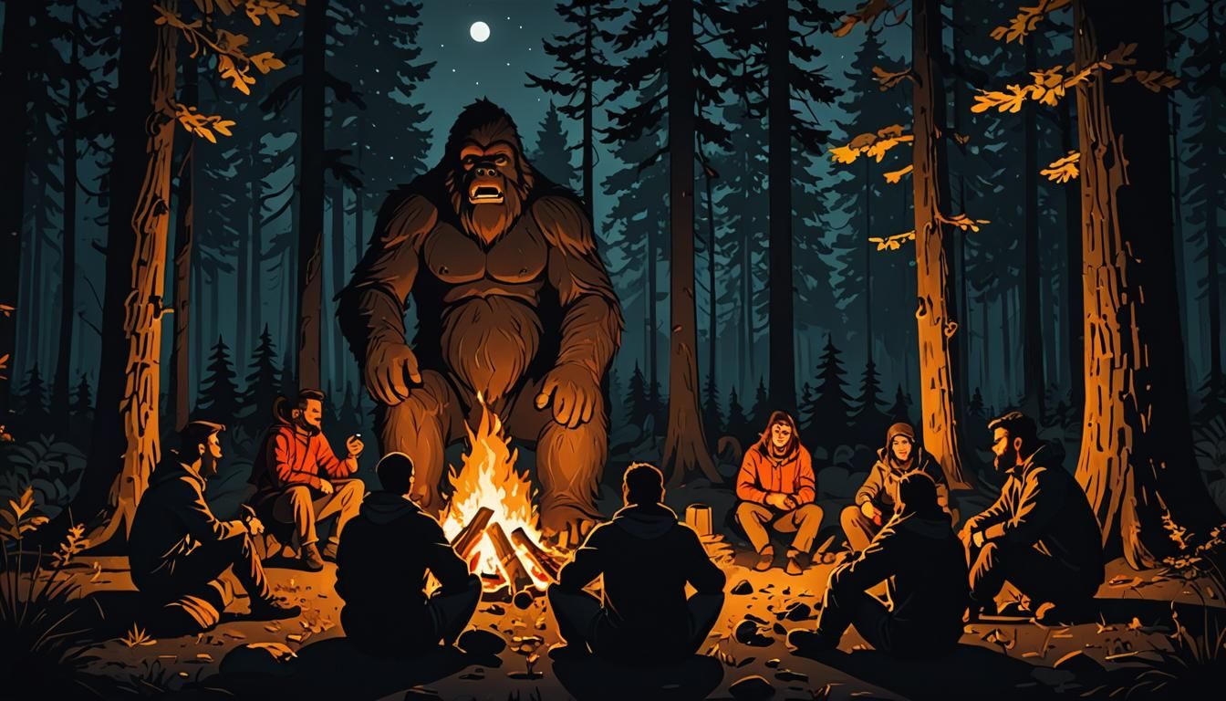 Campfire in Dark Forest with Bigfoot