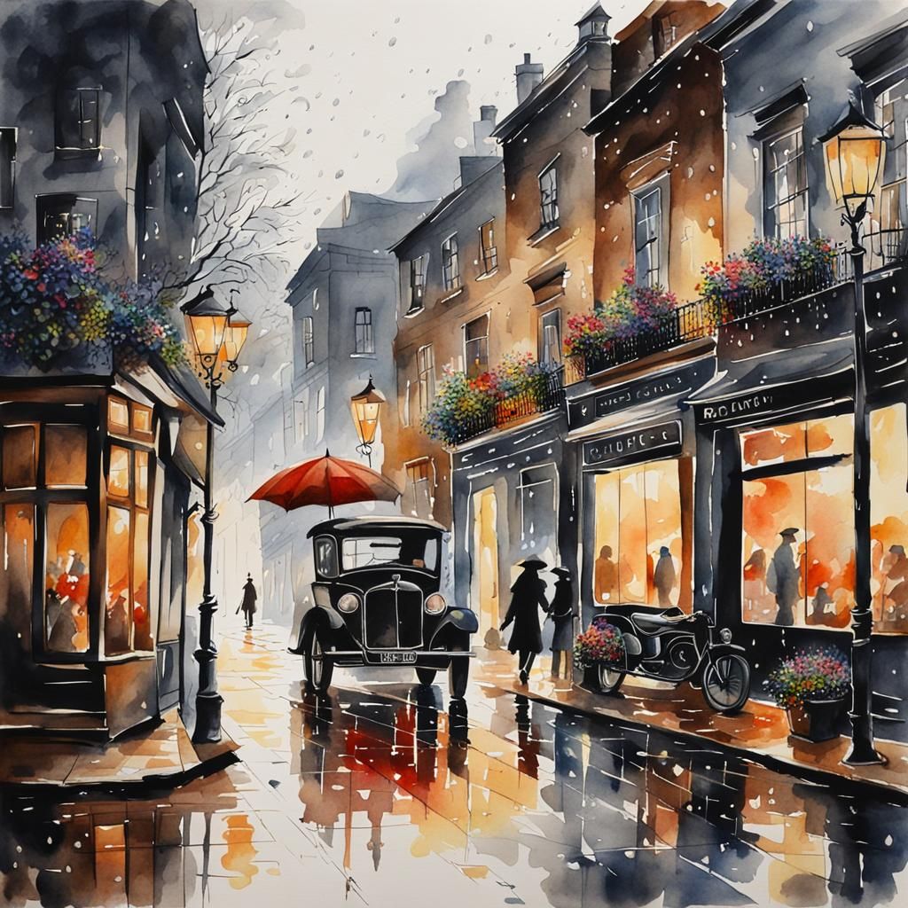 Rainy Street Scene in Romantic Watercolor