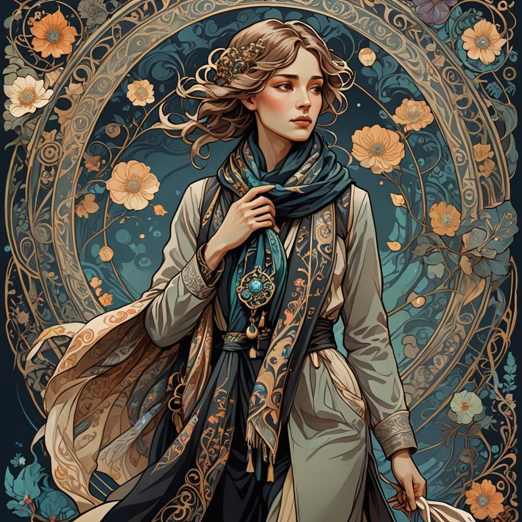 Stylish Woman in Art Nouveau Dark Fantasy