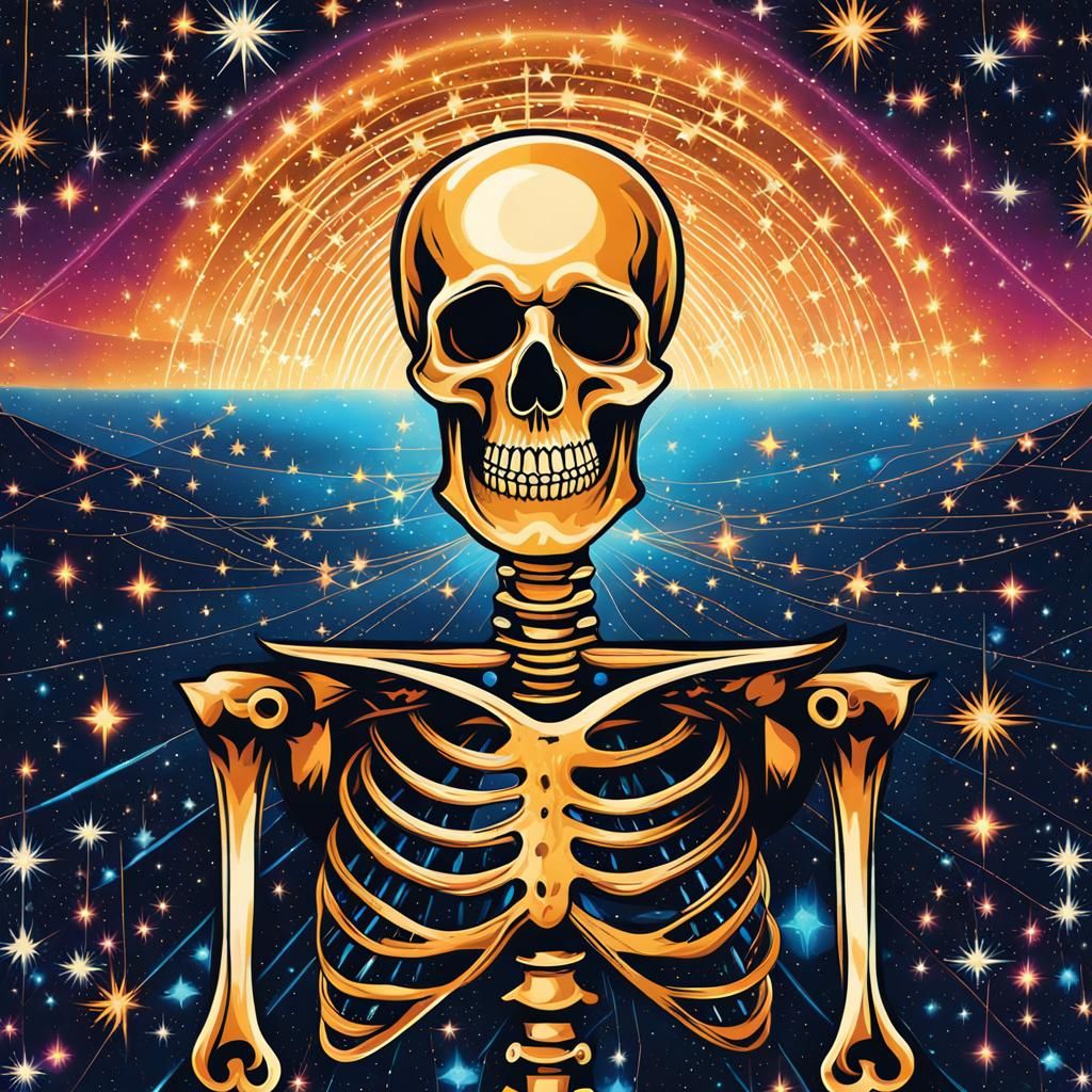 Celestial Skeleton in Starry Nebula: Digital Art