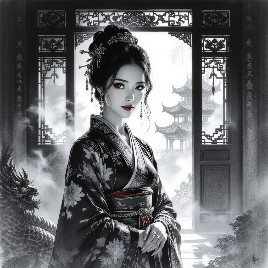 Dragon Palace Wife in Hyperdetailed Charcoal Drawing