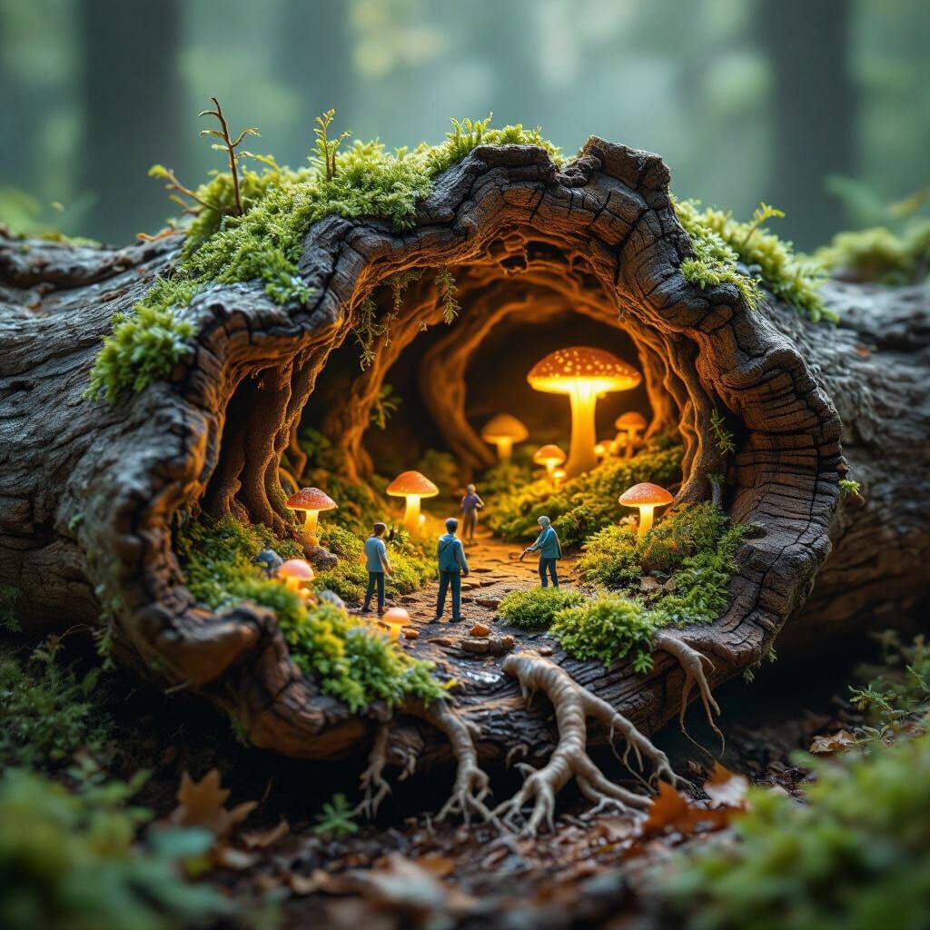 Miniature World of Tiny People in a Mossy Log