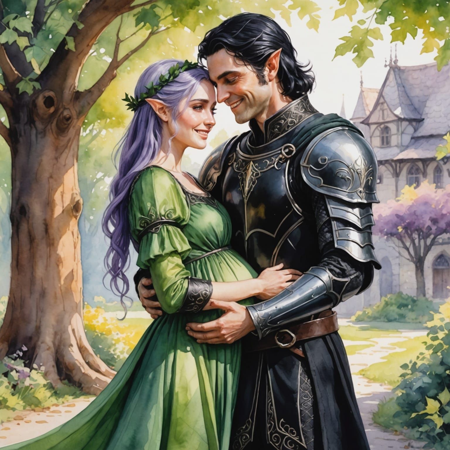 Elf Couple Embrace in Watercolor Style