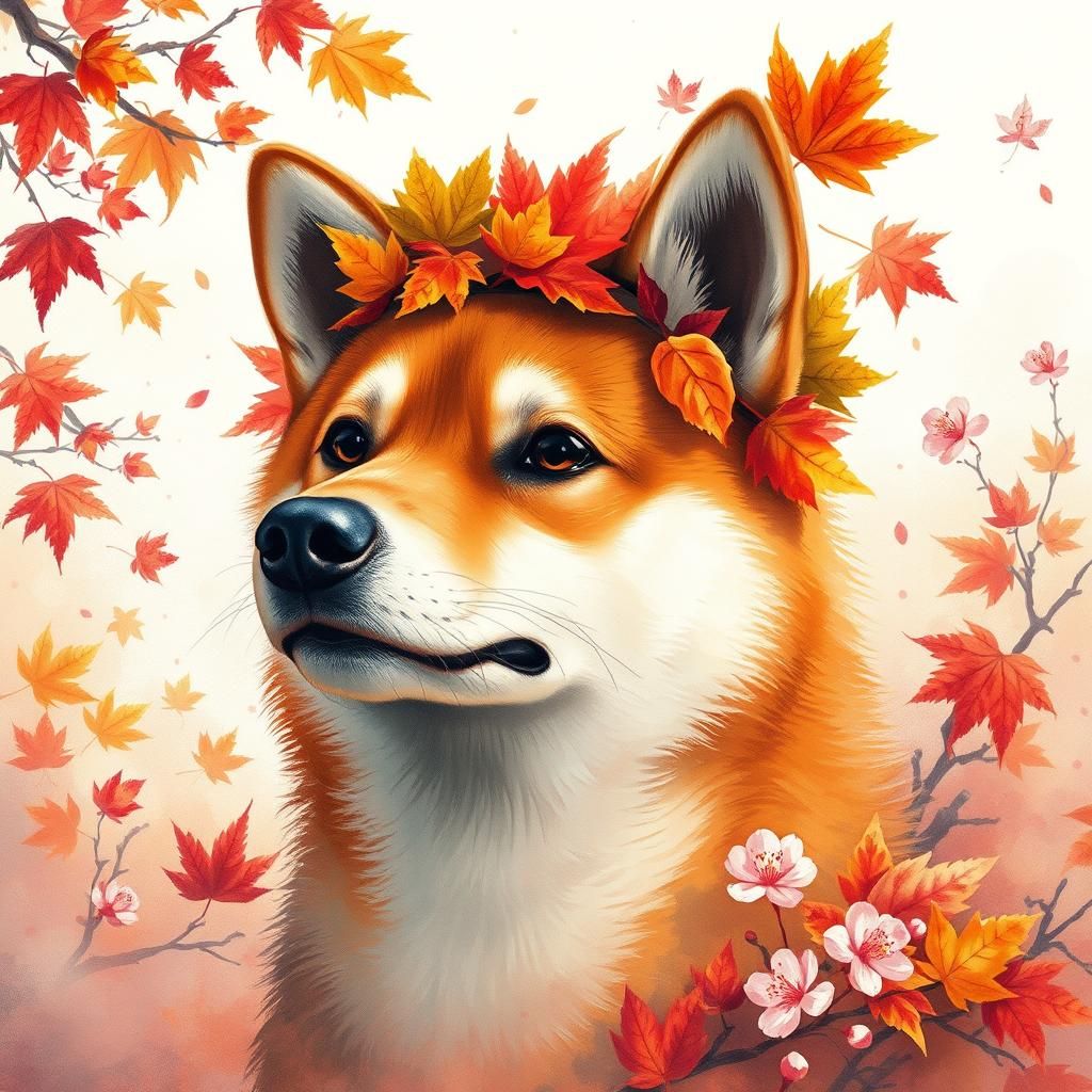 Shiba Inu with Autumn Crown: Dreamy Digital Art