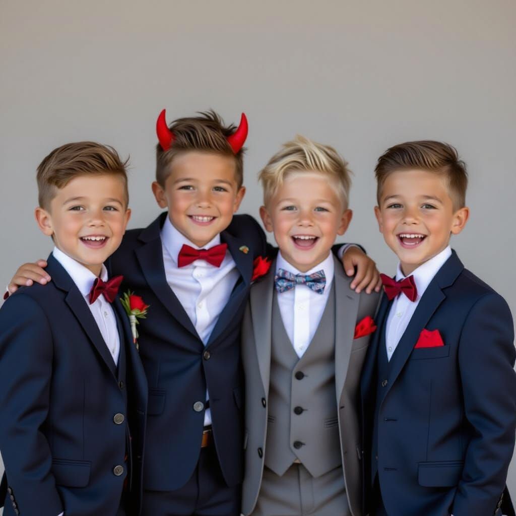 Four Stylish Boys in Suits Ready for Photos