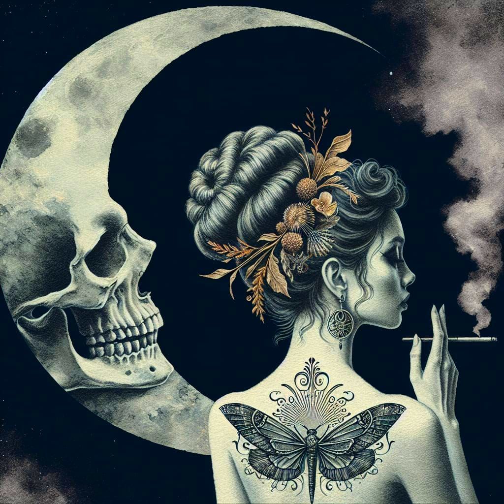 Tattooed Fairy Smoking Under Skull Moon: Oil and Watercolor