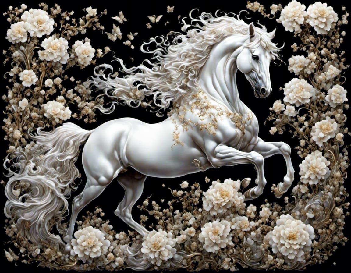 White Horse with Floral Inlay in 16k