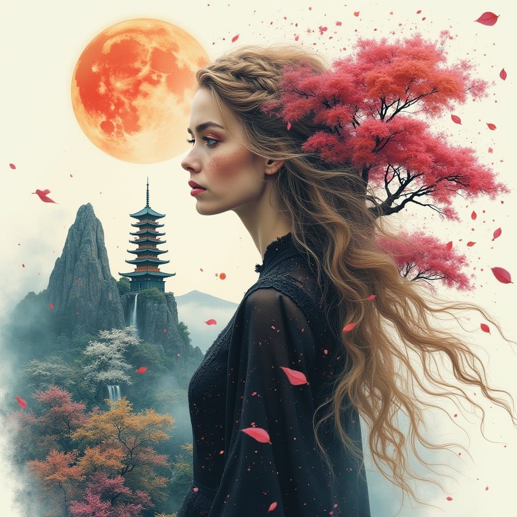 Celestial Goddess in Vibrant Landscape with Japanese Pagoda ...