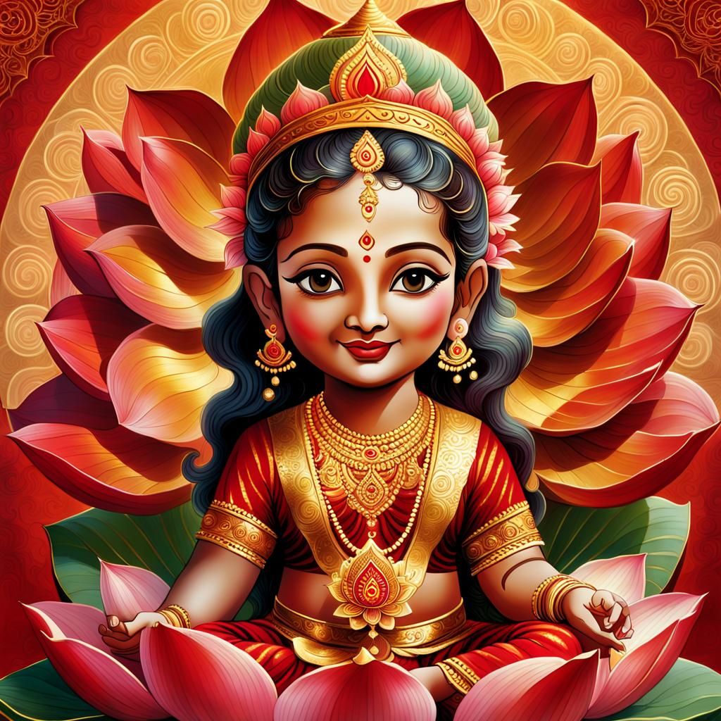 Goddess Lakshmi as a Youthful Baby Radiates Divine Glory