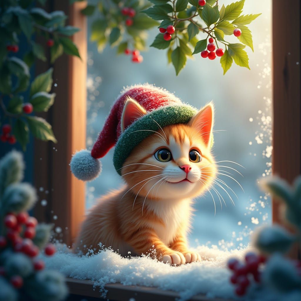 Curious Cat in Festive Hat Peers Out Winter Wonderland