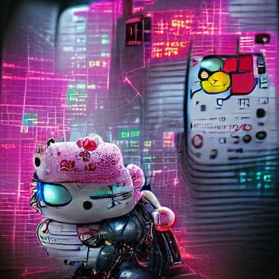 Cyberpunk Hello Kitty in Neon Cityscape