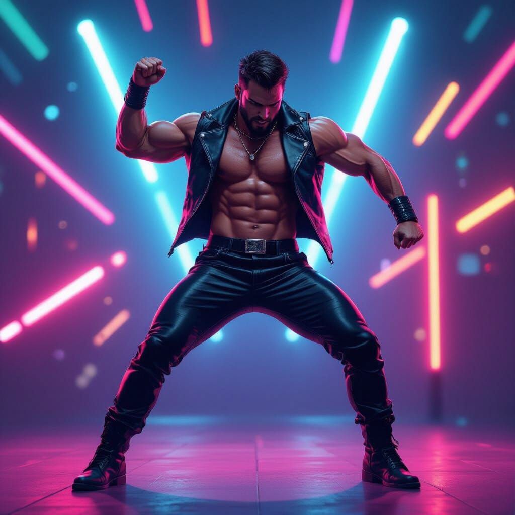 Dynamic Leather Dancer in Neon Nightclub, Digital Art