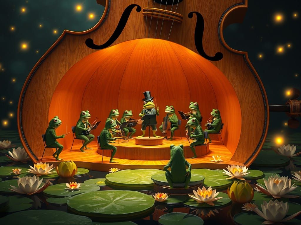 Whimsical Frog Orchestra Performs Inside Giant Cello