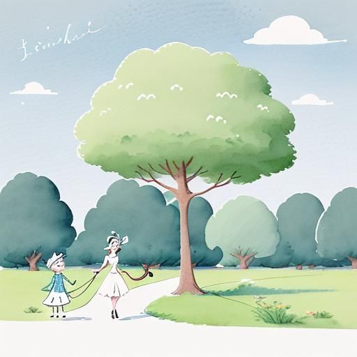 Stick figure illustration. Medium shot. A stick figure is walking a dog in a park. 2D animation. Playful and colorful st...