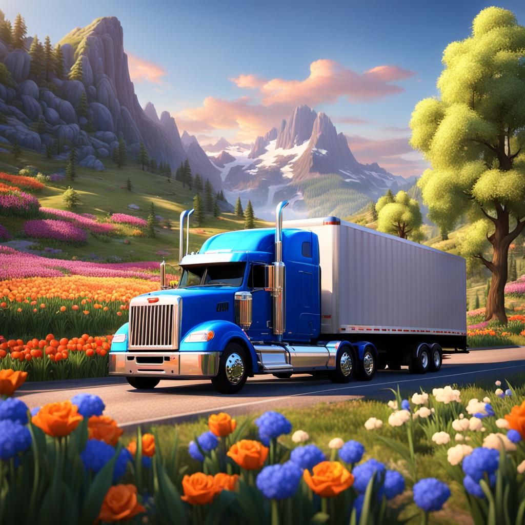 Semi-Truck with Vegetable Art at Sunrise