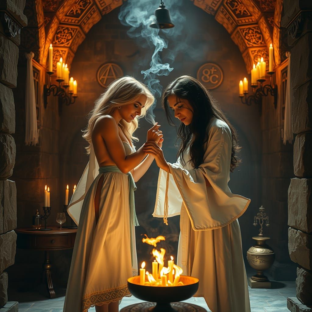 Forbidden Alchemy: Women in Candlelit Stone Hall