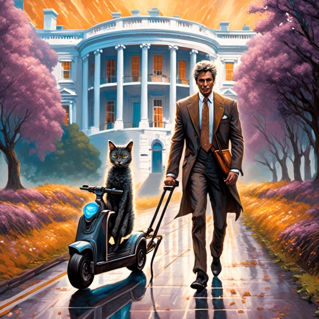 Businessman on Scooter with Cat, Vibrant Digital Art