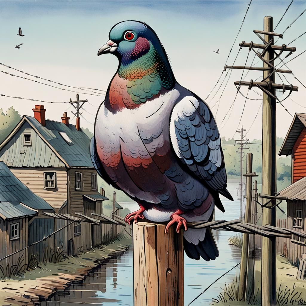 Colorful Pigeon on Telegraph Pole Illustration