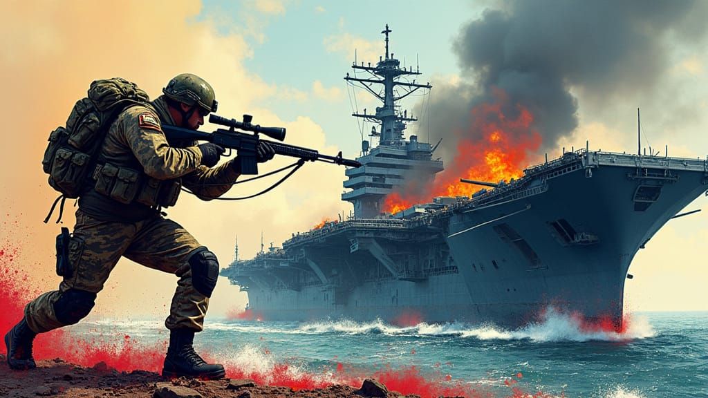 Tactical Soldier Aims at Ruined Aircraft Carrier