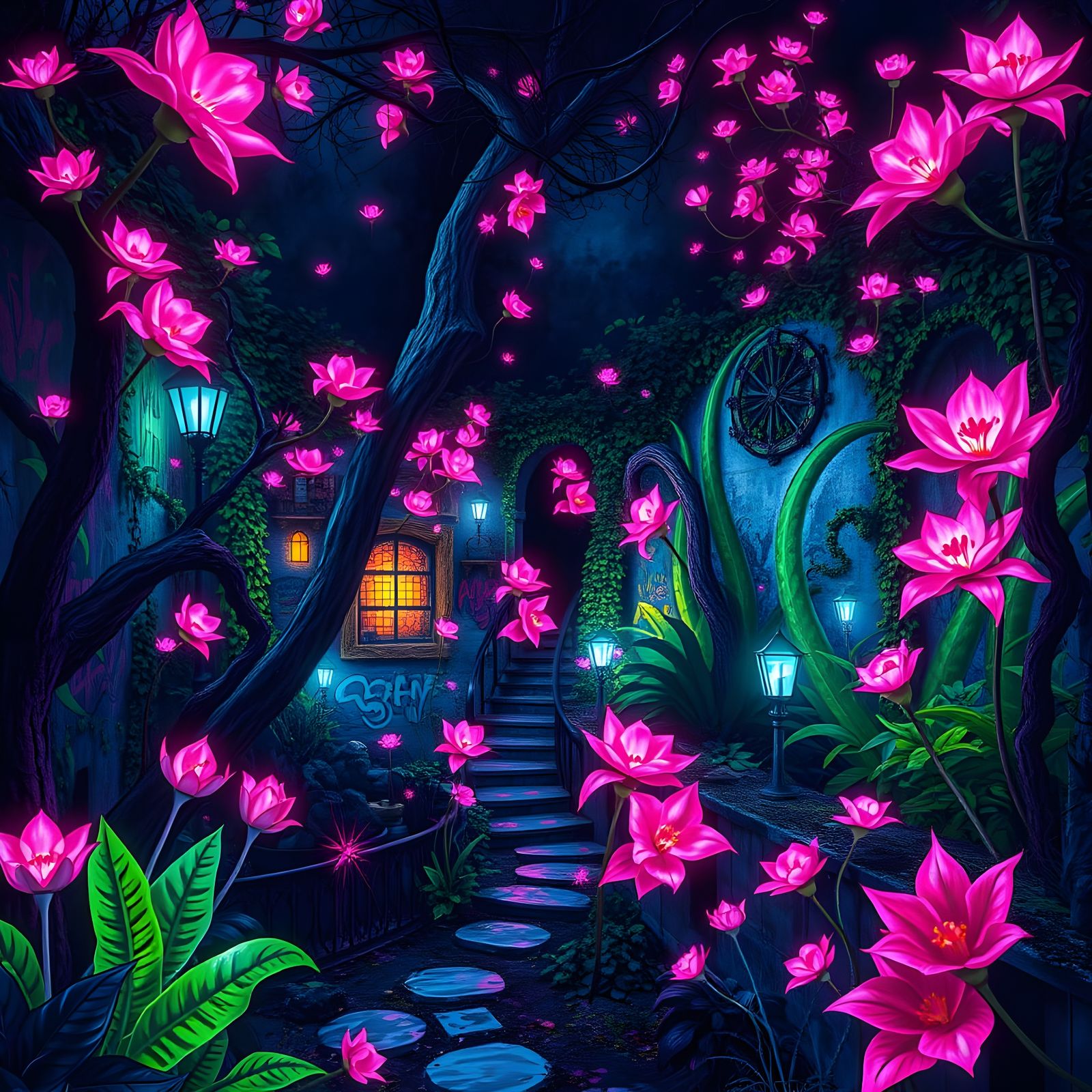 Nighttime Bloom: Vibrant Neon Garden in Graffiti Art Style
