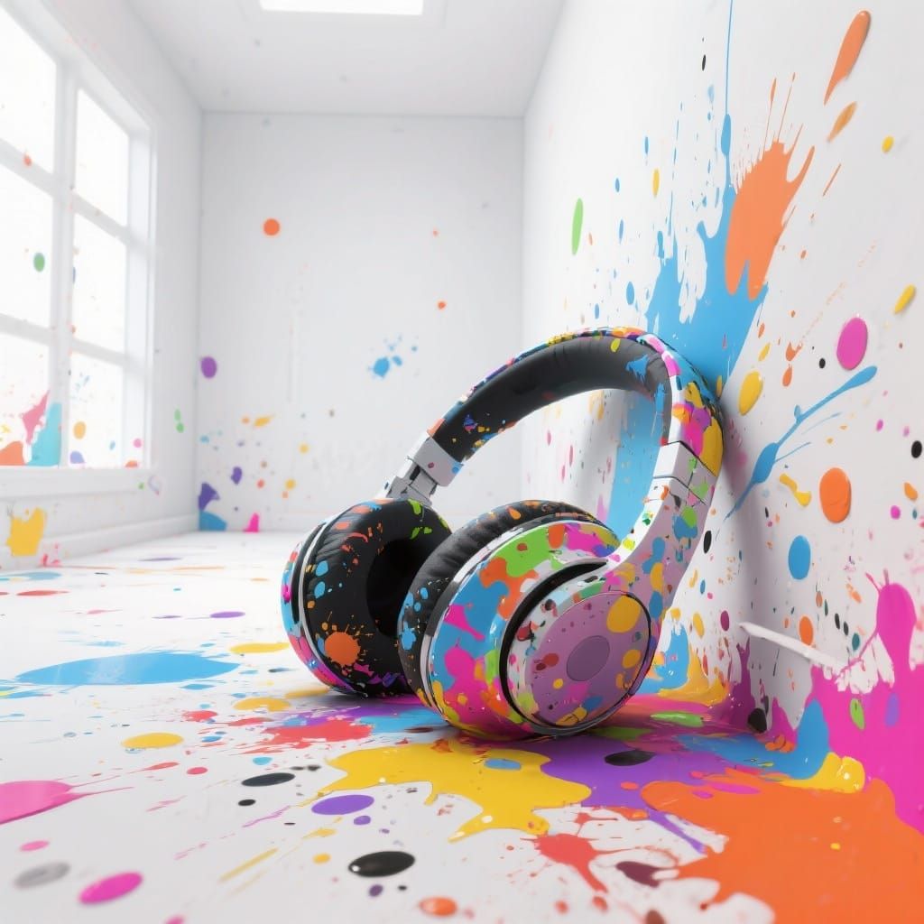 Vibrant Headphones in White Room, Digital Art Style