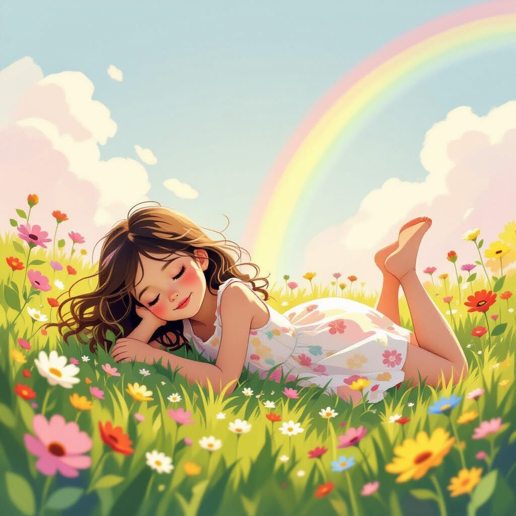 Girl in Field of Flowers with Rainbow Sky
