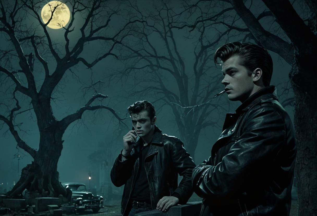 Greasers in Graveyard Beside Classic Car, Film Noir
