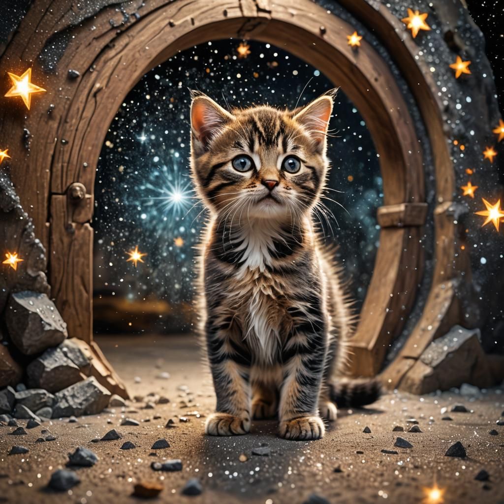 Kitten's Stardust Portal Adventure in Hyperrealistic Style