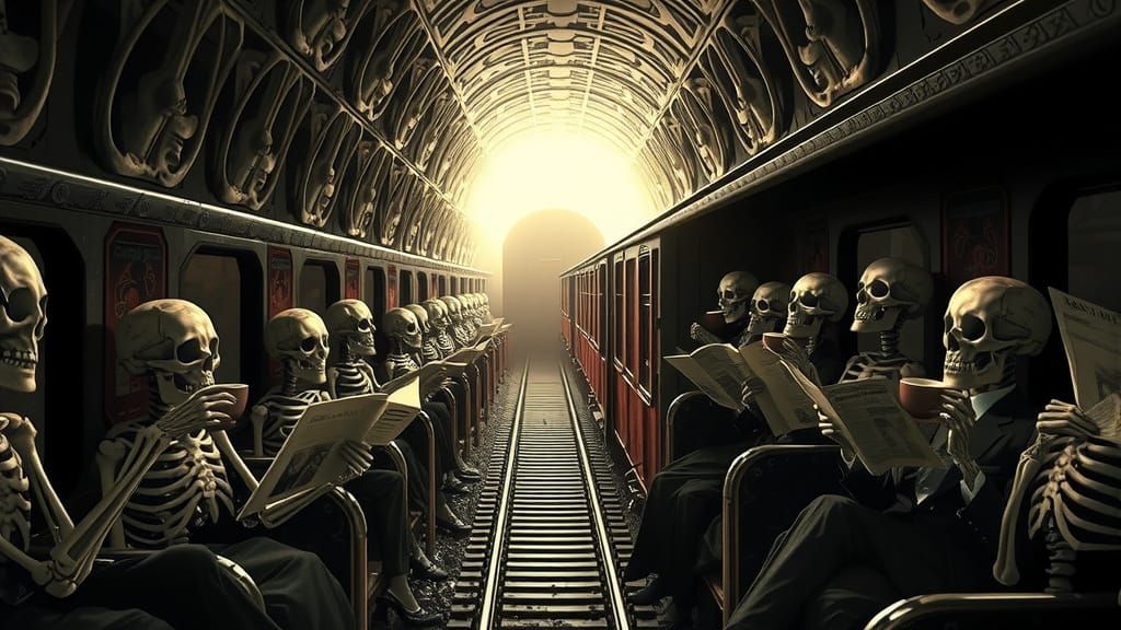 Train Surrounded by Macabre Ribcage Tunnel in Dark Fantasy