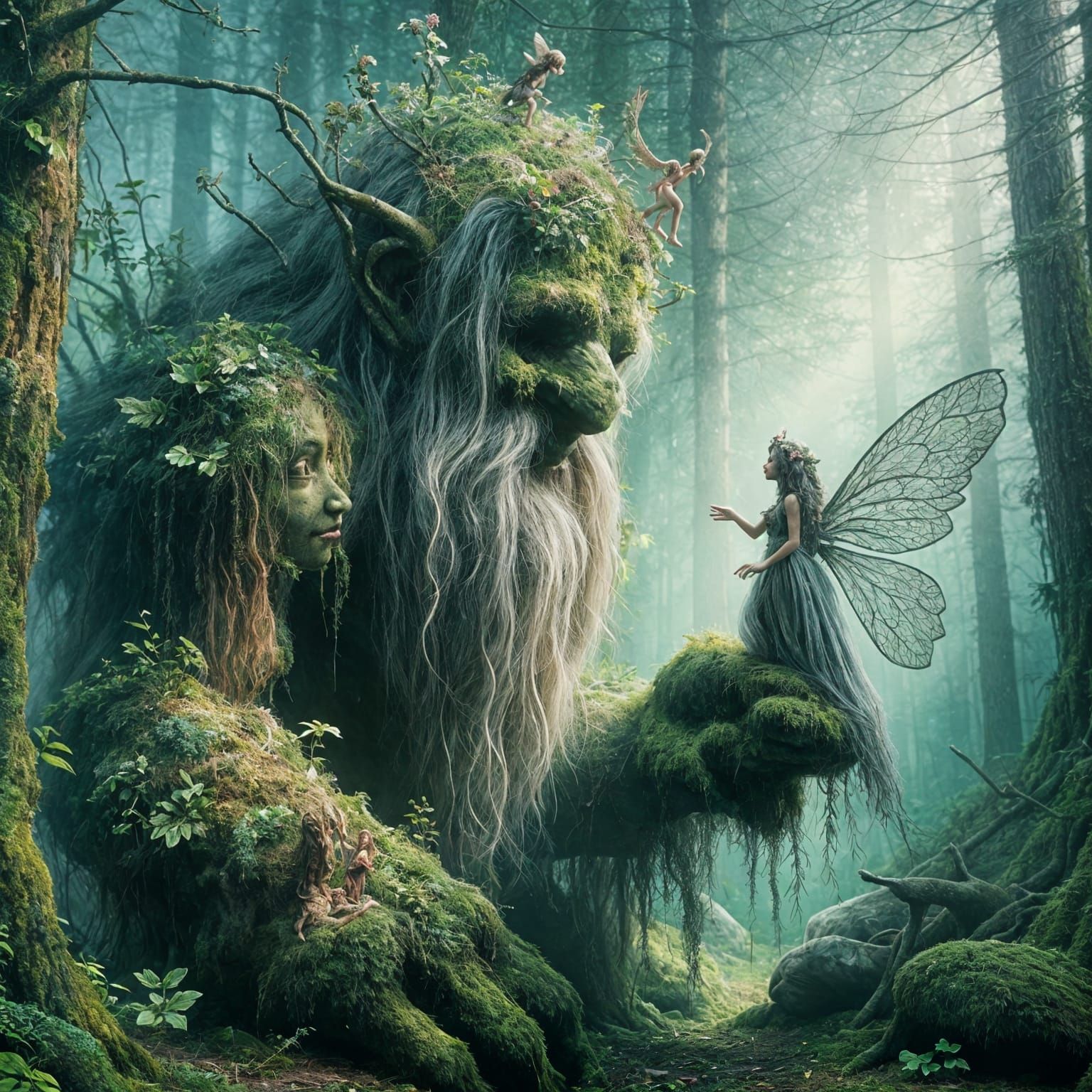 Ancient Troll and Fairy in Surreal Botanical Forest