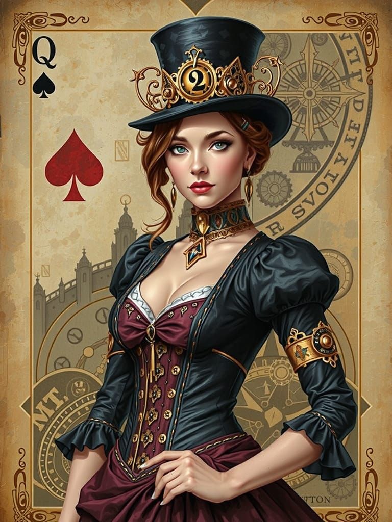 Steampunk Queen of Spades Acrylic Painting
